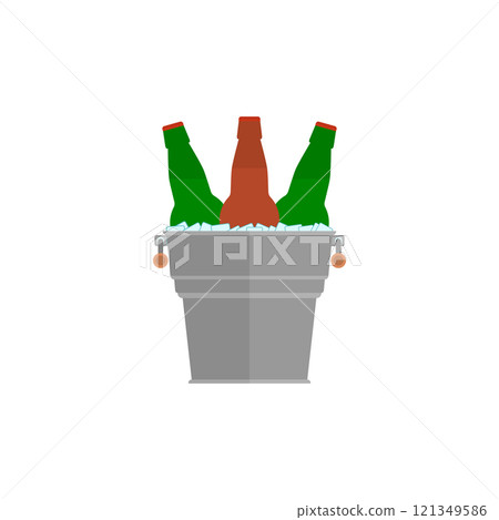 Metal bucket with beer bottles and ice cubes. Isolated vector illustration on white background. 121349586