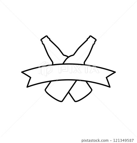 Beer bottle logo design. Two crossed beer bottles and ribbon banner. Isolated outline vector illustration on white background. 121349587