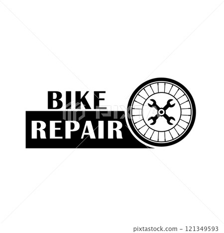 Bike repair logo design with bicycle wheel, wrench and text inscription. Isolated vector illustration on white background. Bike repair logo design with bicycle wheel, wrench and text inscription. Isolated vector illustration on white background. 121349593