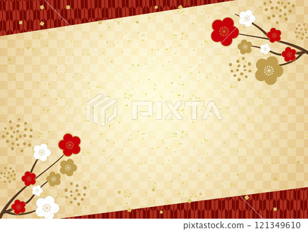 New Year's card background material 5 with Japanese pattern and Japanese paper with plum blossoms 121349610