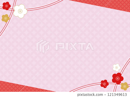 美麗的日本圖案、梅花和水引新年賀卡背景材料3 121349613