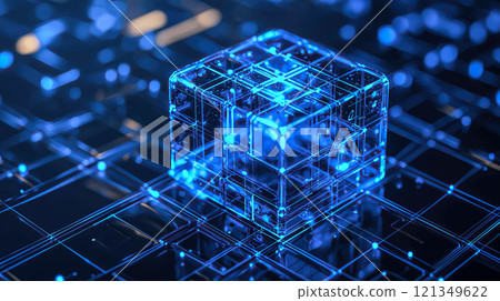 A glowing cube representing blockchain technology. The concept of decentralized systems, secure digital transactions, and futuristic innovation. Generative AI. 121349622
