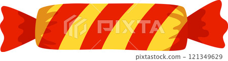 Red and yellow striped hard candy wrapped in cellophane, creating a sweet and tempting treat, perfect for satisfying sugar cravings and adding a touch of colorful delight 121349629