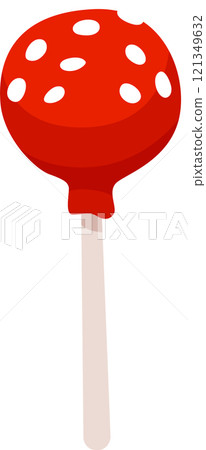 Bright red cake pop adorned with playful white spots on a stick, showcasing a bite taken out, set against a clean white background for a fresh and vibrant look Bright red cake pop adorned with playful white spots on a stick, showcasing a bite taken out, set against a clean white background for a fresh and vibrant look 121349632