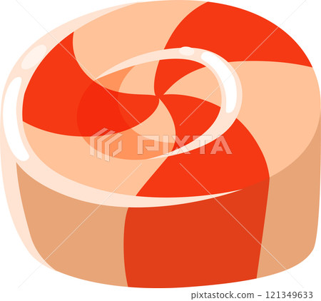 Delicious round peppermint candy features red and orange swirls, creating a visually appealing hypnotic spiral pattern, perfect for a sweet treat 121349633