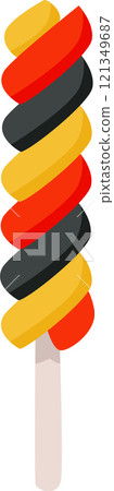 Germany flag colors spiral lollipop with yellow, red and black stripes rotating around a wooden stick, isolated on white background, representing a sweet treat inspired by German culture Germany flag colors spiral lollipop with yellow, red and black stripes rotating around a wooden stick, isolated on white background, representing a sweet treat inspired by German culture 121349687