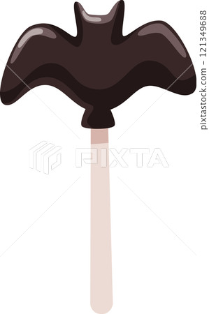 Chocolate lollipop shaped like a bat with spread wings, sitting on a wooden stick, creating a delightful treat for celebrating Halloween with a touch of sweetness and fun Chocolate lollipop shaped like a bat with spread wings, sitting on a wooden stick, creating a delightful treat for celebrating Halloween with a touch of sweetness and fun 121349688