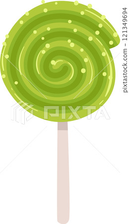 Green spiral lollipop adorned with colorful sprinkles, spinning playfully on a stick against a pristine white background, capturing the essence of sweetness and joyful treats 121349694