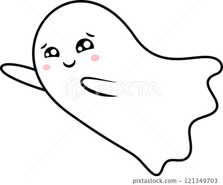 Cartoon drawing featuring a friendly ghost floating in mid air and waving hello with a cheerful hand gesture, creating a simple and adorable design ideal for Halloween themed projects 121349703
