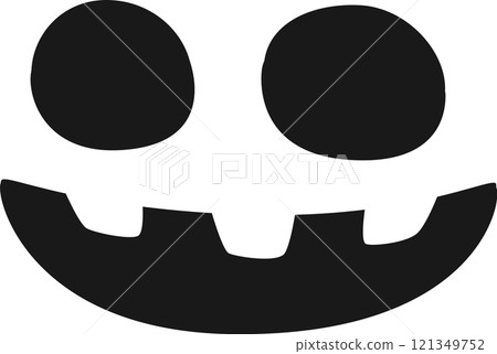 Minimalist black and white vector graphic of a carved pumpkin face, perfect for halloween decorations, featuring large circular eyes and a classic toothy grin 121349752