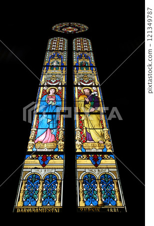 Stained glass window in Basilica Assumption of the Virgin Mary in Marija Bistrica, Croatia 121349787