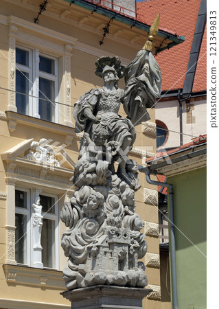 Saint Florian statue on the central square in Ptuj, town on the Drava River banks, Lower Styria Region, Slovenia Saint Florian statue on the central square in Ptuj, town on the Drava River banks, Lower Styria Region, Slovenia 121349813