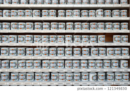 Mugs with names sold in souvenir shop in St. Gilgen on Wolfgang See lake, Austria Mugs with names sold in souvenir shop in St. Gilgen on Wolfgang See lake, Austria 121349830