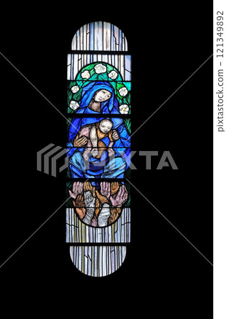 Salve Regina, stained glass window by Sieger Koder in Chapel at cemetery in Ursberg, Germany 121349892