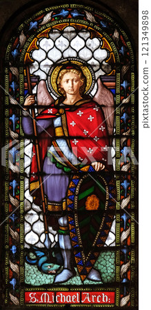 Saint Michael the Archangel, stained glass window in the San Michele in Foro church in Lucca, Tuscany, Italy 121349898