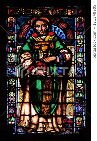 Stained glass window in the Santi Paolino e Donato church in Lucca, Tuscany, Italy 121349905