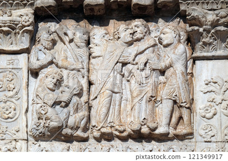 The Kiss of Judas, medieval relief on the facade of Basilica of San Zeno in Verona, Italy The Kiss of Judas, medieval relief on the facade of Basilica of San Zeno in Verona, Italy 121349917