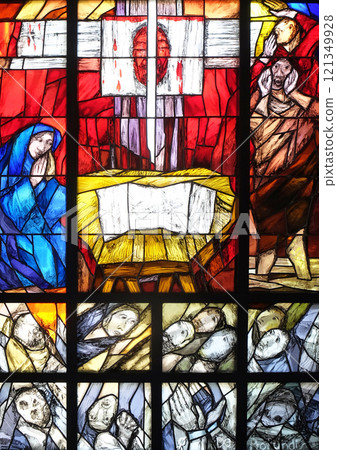 History of salvation, stained glass window by Sieger Koder in church of Saint Bartholomew in Leutershausen, Germany 121349928