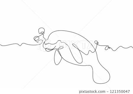 Single one line drawing the manatee swimming with lots of air bubbles. Marine biota. Maintaining the balance of marine life. Manatee Appreciation Day. Continuous line design graphic illustration 121350047