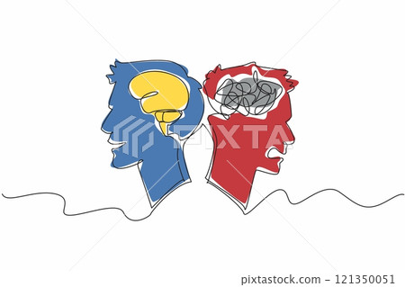Continuous one line drawing two heads with different emotions. Expression of feelings, depends on what is in the head. Brain as a system. World Bipolar Day. Single line draw design vector illustration Continuous one line drawing two heads with different emotions. Expression of feelings, depends on what is in the head. Brain as a system. World Bipolar Day. Single line draw design vector illustration 121350051