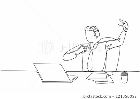 Single continuous line drawing businessman sitting on chair wearing headphones. Lazing around. Singing happily. Channeling hobbies. Exciting. National Goof Off Day. One line design vector illustration Single continuous line drawing businessman sitting on chair wearing headphones. Lazing around. Singing happily. Channeling hobbies. Exciting. National Goof Off Day. One line design vector illustration 121350052