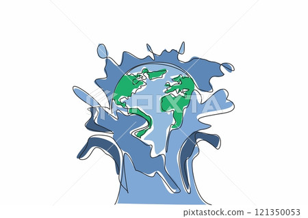 Single continuous line drawing globe hit by water splash from below. A metaphor. Should care more about protecting the environment. For future. World Water Day. One line design vector illustration 121350053