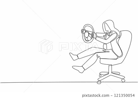 Single one line drawing businesswoman sit on chair playing with car steering wheel. Holiday alone. Very lazy to activities in office. National Goof Off Day. Continuous line design graphic illustration Single one line drawing businesswoman sit on chair playing with car steering wheel. Holiday alone. Very lazy to activities in office. National Goof Off Day. Continuous line design graphic illustration 121350054