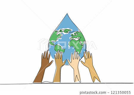 Continuous one line drawing some hands holding water drop. Must continue to maintain the purity of water. Cooperate with each other. Save. World Water Day. Single line draw design vector illustration Continuous one line drawing some hands holding water drop. Must continue to maintain the purity of water. Cooperate with each other. Save. World Water Day. Single line draw design vector illustration 121350055