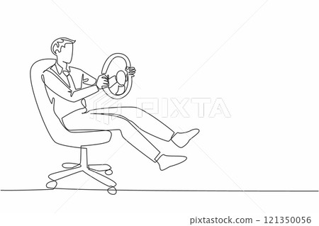 Continuous one line drawing a businessman sit on office chair playing with the steering wheel. Latest car racing game. Lazy day. National Goof Off Day. Single line draw design vector illustration Continuous one line drawing a businessman sit on office chair playing with the steering wheel. Latest car racing game. Lazy day. National Goof Off Day. Single line draw design vector illustration 121350056