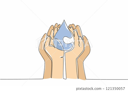Single continuous line drawing child and adult palms pressed together to catch water. Teaching early awareness of the environment. Save water. World Water Day. One line design vector illustration Single continuous line drawing child and adult palms pressed together to catch water. Teaching early awareness of the environment. Save water. World Water Day. One line design vector illustration 121350057