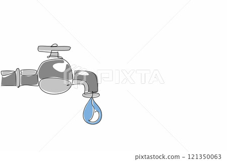 Single one line drawing water drop coming out of the water tap. Metaphor. Lifestyle threatens the world to be hit by drought. Save water. World Water Day. Continuous line design graphic illustration 121350063