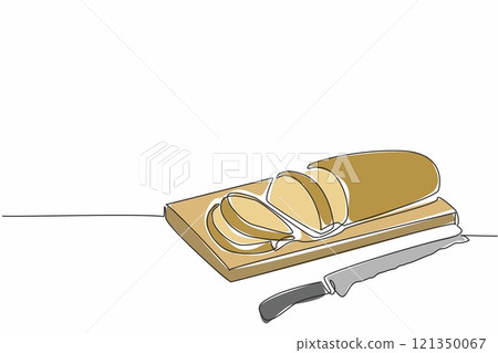 Single one line drawing French bread with the ends cut off on a cutting board. Chef prepares a baguette tester slice. Customer. National French Bread Day. Continuous line design graphic illustration Single one line drawing French bread with the ends cut off on a cutting board. Chef prepares a baguette tester slice. Customer. National French Bread Day. Continuous line design graphic illustration 121350067