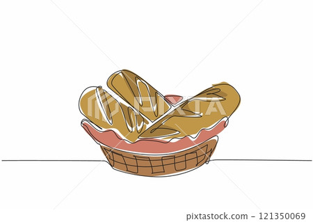 Single continuous line drawing three pieces of french bread in wicker basket lined with cloth. Pleasing presentation of baguette display. National French Bread Day. One line design vector illustration 121350069