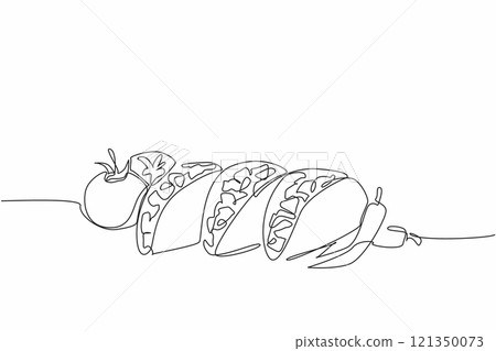 Single continuous line drawing taco dish with tomato and chili garnish. A snack full of flavor. Contains protein. Healthy snacks. Tasty. National Crunchy Taco Day. One line design vector illustration Single continuous line drawing taco dish with tomato and chili garnish. A snack full of flavor. Contains protein. Healthy snacks. Tasty. National Crunchy Taco Day. One line design vector illustration 121350073