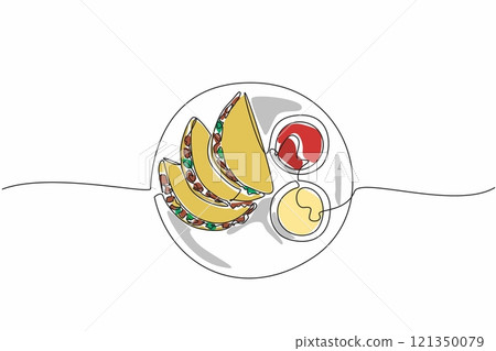 Continuous one line drawing three tacos served with two bowls of sauce on a round plate. Chili sauce. Mayonnaise. Addictive. National Crunchy Taco Day. Single line draw design vector illustration 121350079