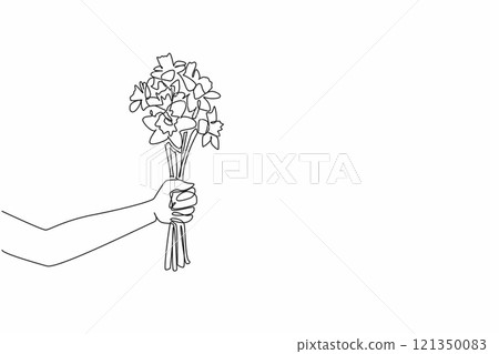 Single continuous line drawing hands holding several stalks of daffodil flower. Poisonous plants that also have many benefits. Like two sides of coin. Daffodil Day. One line design vector illustration Single continuous line drawing hands holding several stalks of daffodil flower. Poisonous plants that also have many benefits. Like two sides of coin. Daffodil Day. One line design vector illustration 121350083
