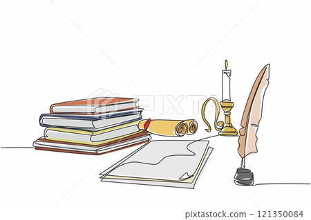 Continuous one line drawing of stack of books, sheets of paper, rolls of paper in one frame. Classical era writing instrument. Quill. World Poetry Day. Single line draw design vector illustration 121350084