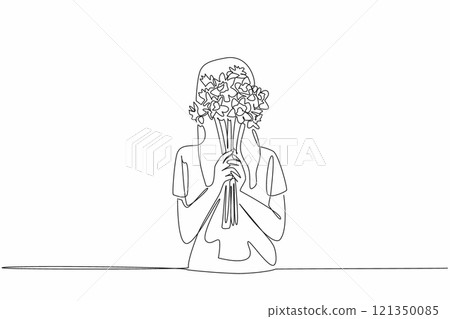 Single one line drawing woman holding bouquet of daffodils with both hands. Blushing embarrassed covered the face. Plants have many benefits. Daffodil Day. Continuous line design graphic illustration 121350085