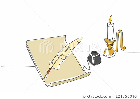 Single continuous line drawing a sheet of paper with quill. There is an inkwell to make writing easier. Recording culture through light language. World Poetry Day. One line design vector illustration Single continuous line drawing a sheet of paper with quill. There is an inkwell to make writing easier. Recording culture through light language. World Poetry Day. One line design vector illustration 121350086