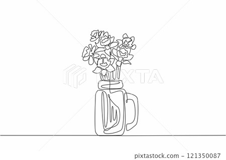 Single continuous line drawing several stalks of daffodil flowers in glass vase shaped like mug. Keep from wilting. Herbal plants have many benefits. Daffodil day. One line design vector illustration Single continuous line drawing several stalks of daffodil flowers in glass vase shaped like mug. Keep from wilting. Herbal plants have many benefits. Daffodil day. One line design vector illustration 121350087