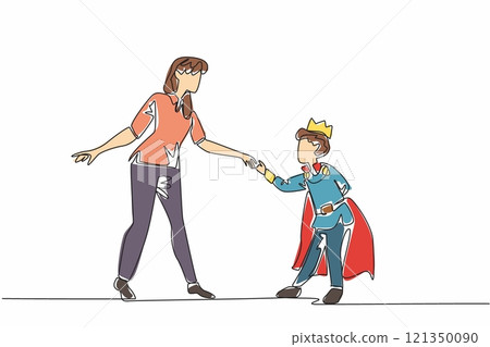 Continuous one line drawing boy bows hold mother's hand posing. Child treated like king. Mother treated like princess by child. National Single Parent Day. Single line draw design vector illustration 121350090