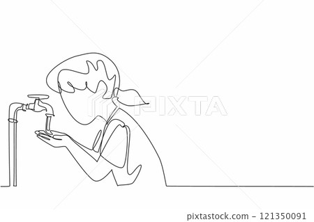 Continuous one line drawing girl holds and inhales water with her palms. The water source is getting closer. No anxiety. Full of happiness. World Water Day. Single line draw design vector illustration 121350091