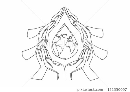 Single one line drawing series of hands forming water drop. Keep the water clean. Without contamination. Water is the source of life.  World Water Day. Continuous line design graphic illustration 121350097