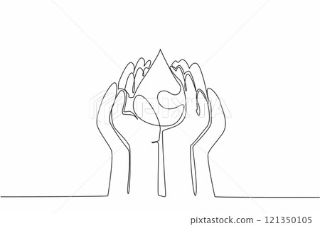 Single continuous line drawing child and adult palms pressed together to catch water. Teaching early awareness of the environment. Save water. World Water Day. One line design vector illustration 121350105