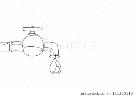 Single one line drawing water drop coming out of the water tap. Metaphor. Lifestyle threatens the world to be hit by drought. Save water. World Water Day. Continuous line design graphic illustration Single one line drawing water drop coming out of the water tap. Metaphor. Lifestyle threatens the world to be hit by drought. Save water. World Water Day. Continuous line design graphic illustration 121350110