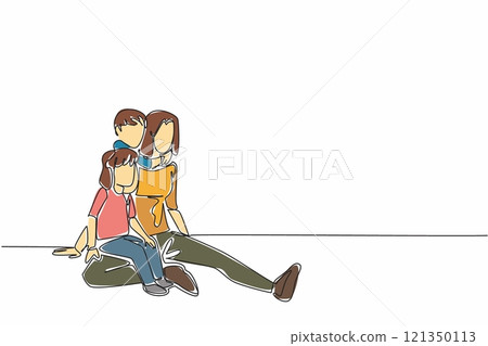 Continuous one line drawing mother sits on the floor holding her daughter. Her son hugs from behind. Try to be fair. Loving. National Single Parent Day. Single line draw design vector illustration 121350113