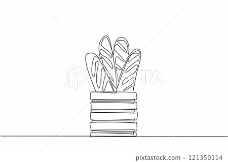 Continuous one line drawing French bread in a wooden basket covered with cloth. Displaying baguettes. Bakery. Dishes. Delicious. National French Bread Day. Single line draw design vector illustration 121350114