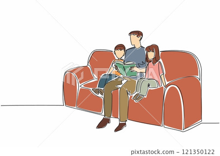Single one line drawing father reading a book while hugging his daughter and son. Inspirational story of children. Good example. National Single Parent Day. Continuous line design graphic illustration Single one line drawing father reading a book while hugging his daughter and son. Inspirational story of children. Good example. National Single Parent Day. Continuous line design graphic illustration 121350122