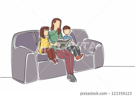Continuous one line drawing mother reading a book on the sofa while hugging her daughter and son. Reading inspirational stories. National Single Parent Day. Single line draw design vector illustration Continuous one line drawing mother reading a book on the sofa while hugging her daughter and son. Reading inspirational stories. National Single Parent Day. Single line draw design vector illustration 121350123