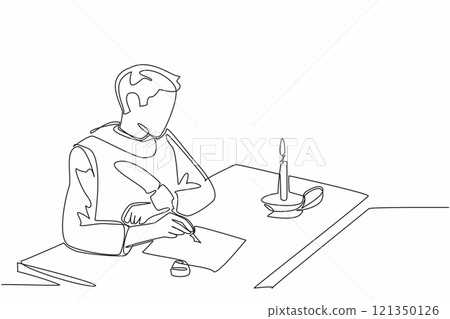 Single continuous line drawing man in medieval clothes writing on old paper. Writing rhyming poems. Writing metaphors with implied meanings. World Poetry Day. One line design vector illustration 121350126